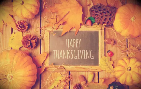 Pumpkins and leafs around a blackboard that says Happy Thanksgiving 